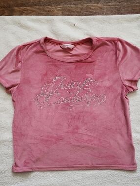 Juicy Couture Pink Rhinestone Script Logo Tee Sz L Y2K Velour PJ Barbie Style